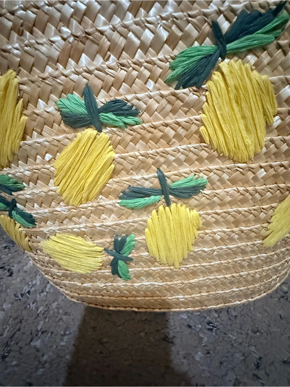 Handwoven Straw Tote with Yellow Lemon Embroidery